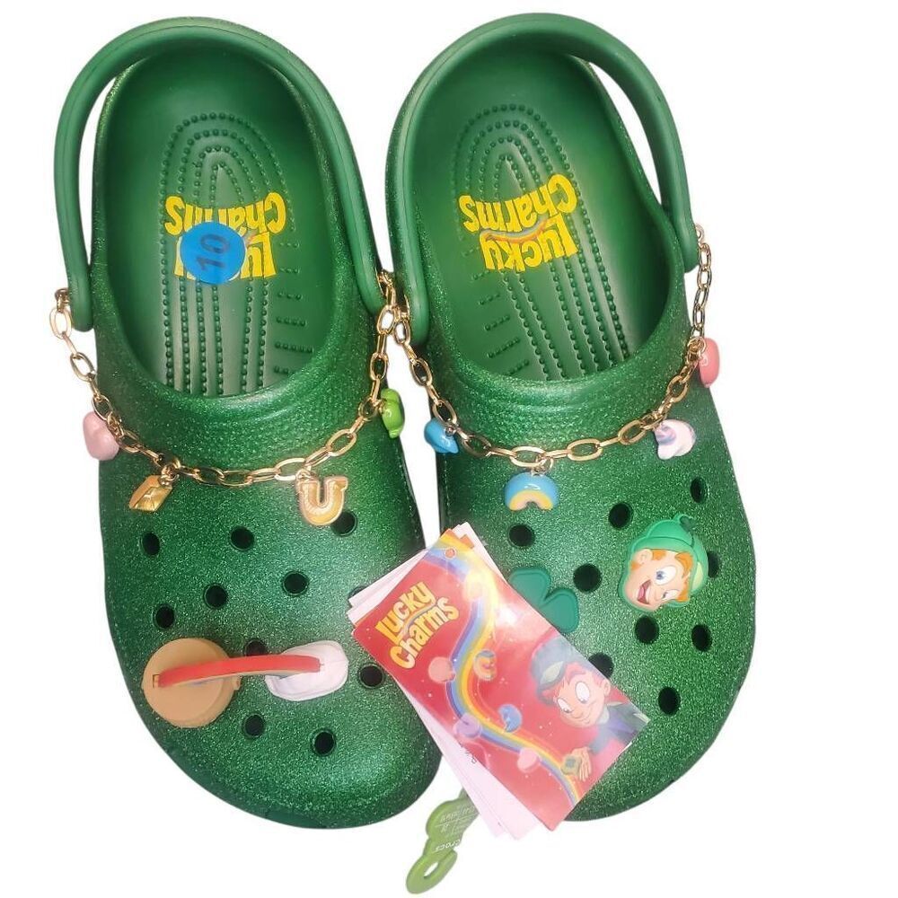 CROCS Lucky Charms Glitter Green With Tons Of Jibbitz BRAND NEW! Size W 10, M 1